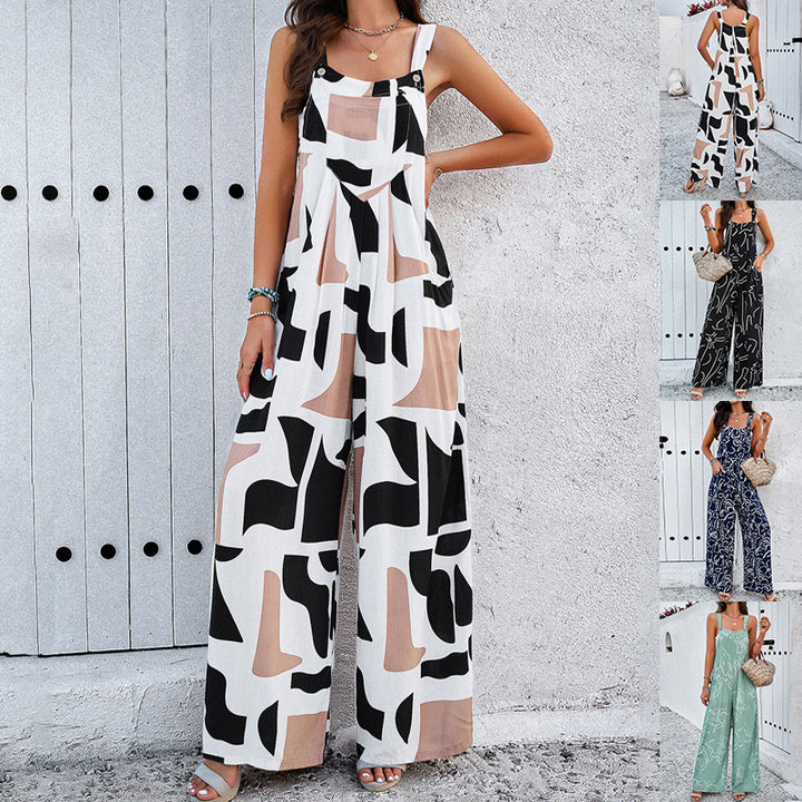 Women's Fashion Print Square Neck Jumpsuit with Pockets 
Size (S-XL)