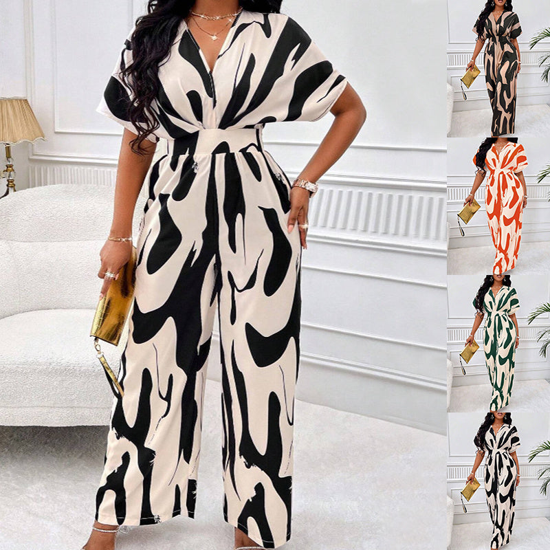 Women's V-neck Long Loose Printed Jumpsuit
Size (S-5XL)