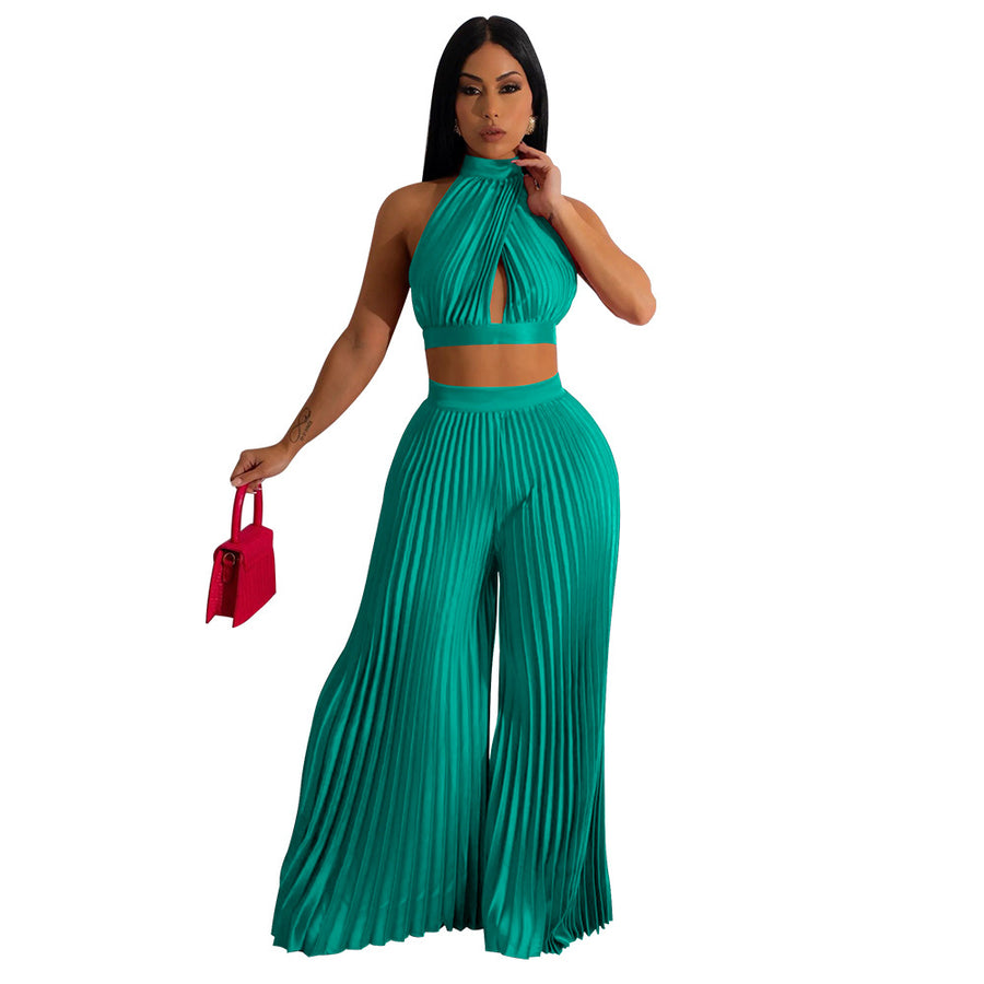 Women's Two-piece Set Halter Silk-like Pleated Wide-leg Pants Size (S-XXL)