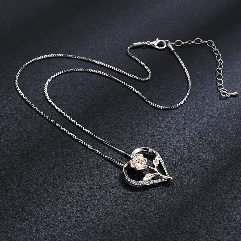 Women's Zircon Heart Rose Silver Necklace