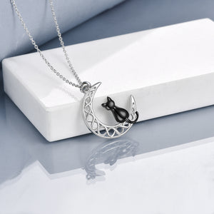 Women's Sterling Silver Irish Celtic Moon Cat Necklace