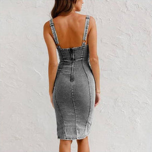 New U-neck Suspender Denim with Slit Dress Size (S -2XL)