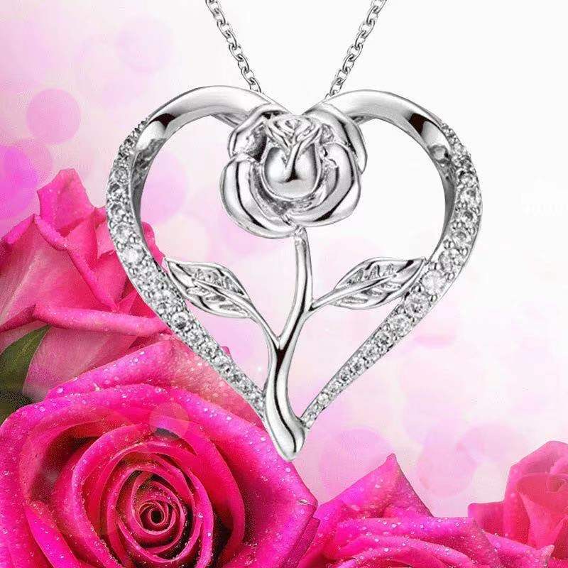 Women's Zircon Heart Rose Silver Necklace