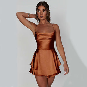 Women Elegant Satin Backless Lace Up Short Dress Size (S-L)