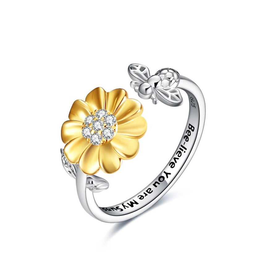 Women's Sterling Silver Sunflower with Bee-live You Are My Sunshine Open Adjustable Ring