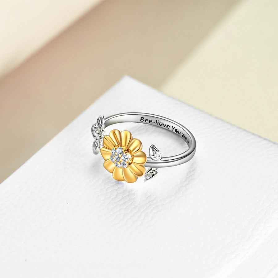 Women's Sterling Silver Sunflower with Bee-live You Are My Sunshine Open Adjustable Ring