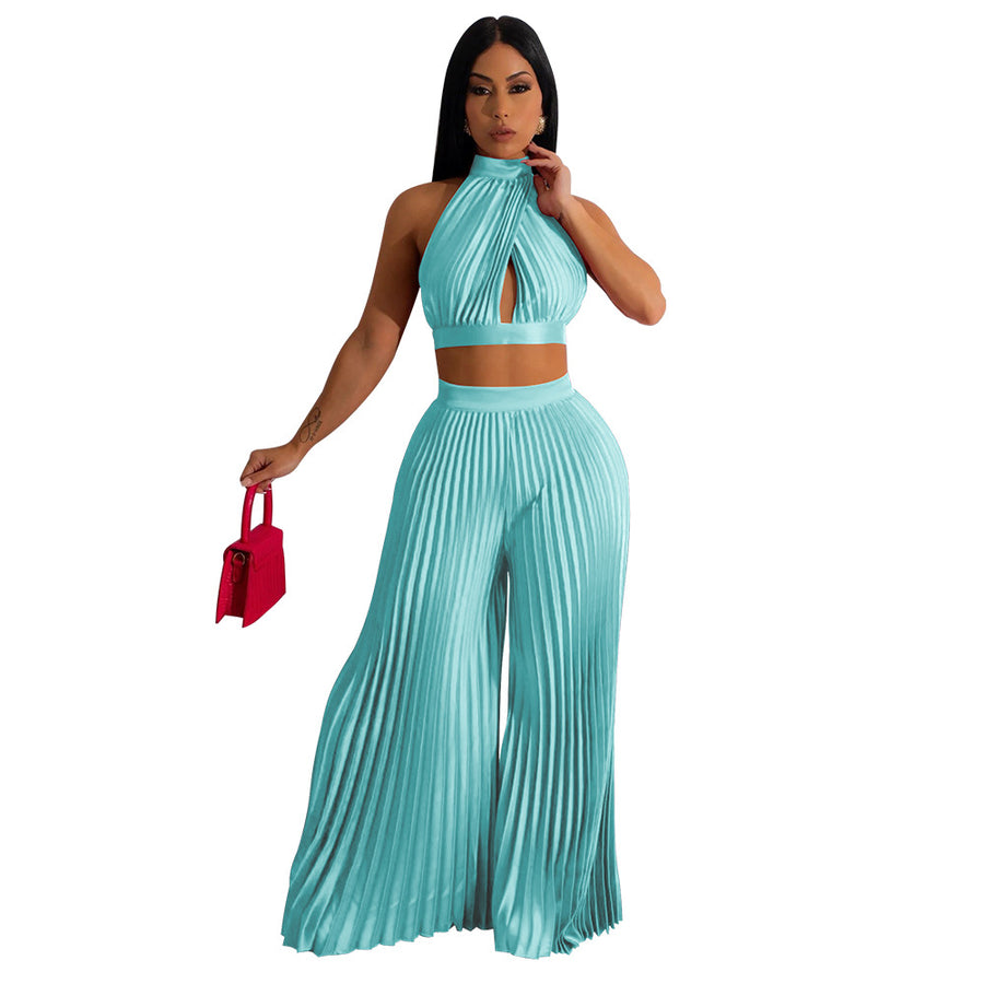 Women's Two-piece Set Halter Silk-like Pleated Wide-leg Pants Size (S-XXL)