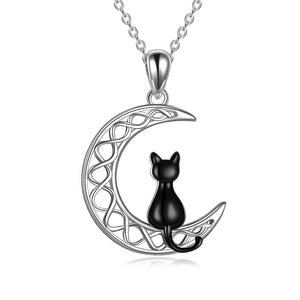 Women's Sterling Silver Irish Celtic Moon Cat Necklace