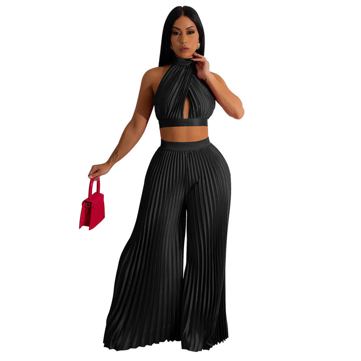 Women's Two-piece Set Halter Silk-like Pleated Wide-leg Pants Size (S-XXL)