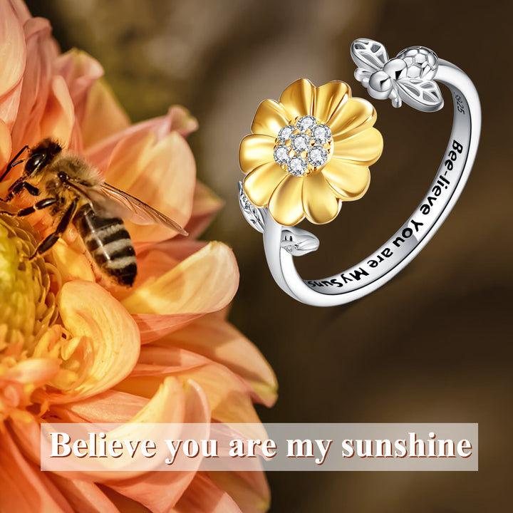 Women's Sterling Silver Sunflower with Bee-live You Are My Sunshine Open Adjustable Ring