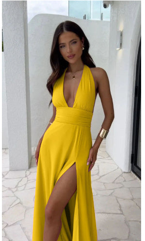 Women's Sexy Halter neck V-neck Slit Dress Size (S-2XL)