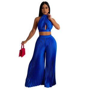 Women's Two-piece Set Halter Silk-like Pleated Wide-leg Pants Size (S-XXL)