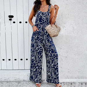 Women's Fashion Print Square Neck Jumpsuit with Pockets 
Size (S-XL)