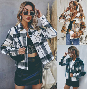 Women's Woolen Plaid Short Coat Tops Size (S-XL)